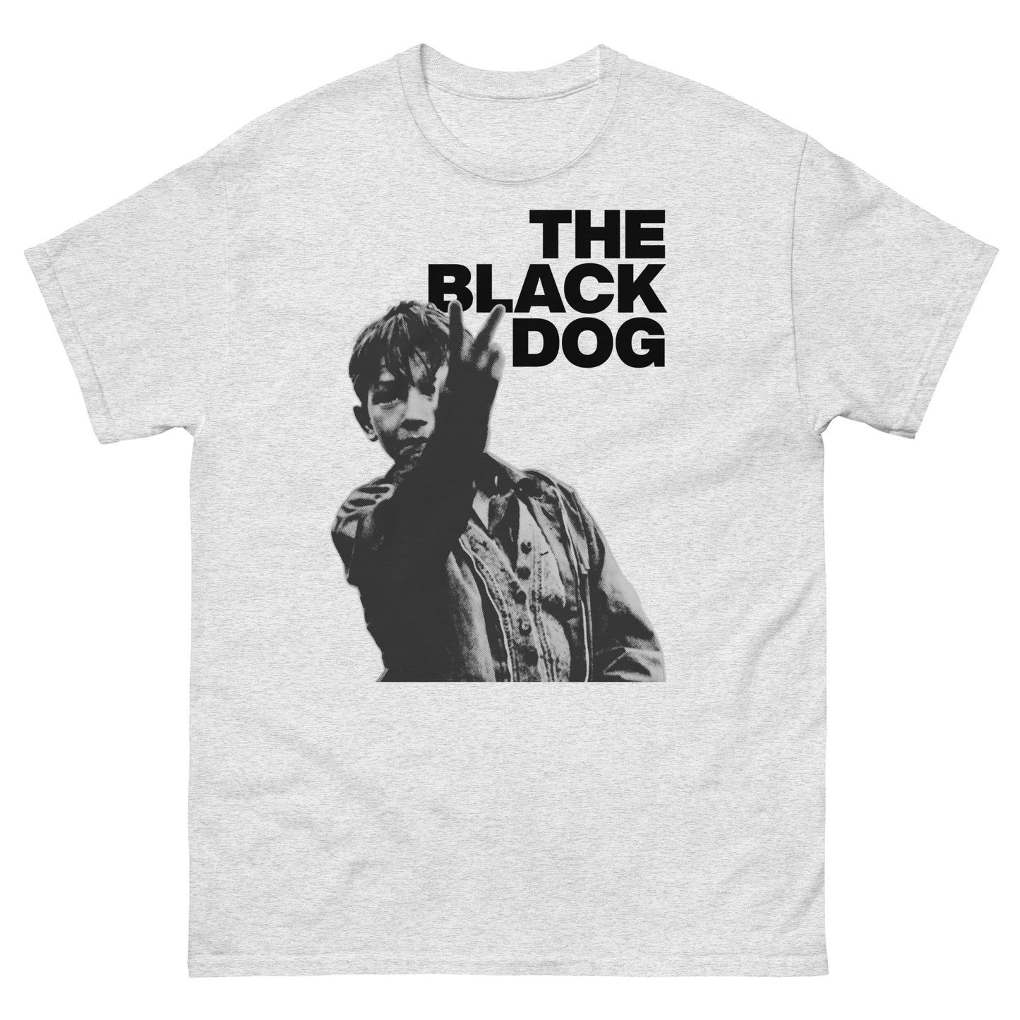 Gray t-shirt with a graphic of a person and 'The Black Dog' text on a white background