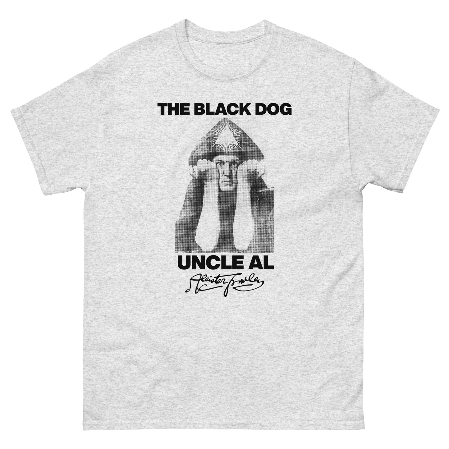 Gray t-shirt with 'The Black Dog Uncle Al' graphic design on a white background