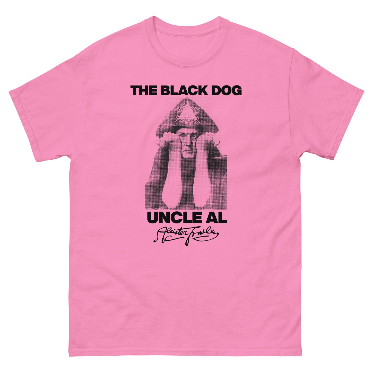Pink t-shirt with black graphic and text 'The Black Dog Uncle Al' on a white background