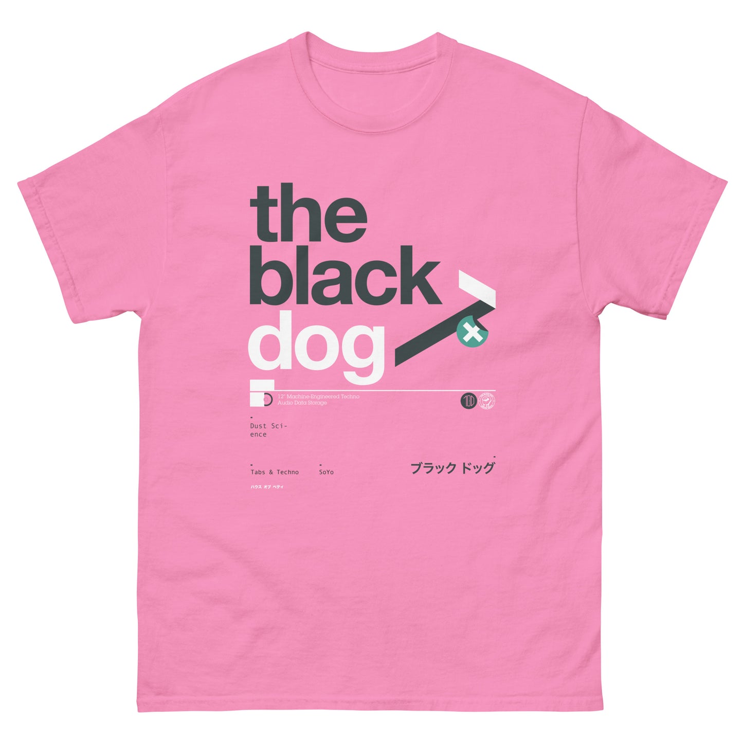 Pink t-shirt with 'the black dog' text design on a white background