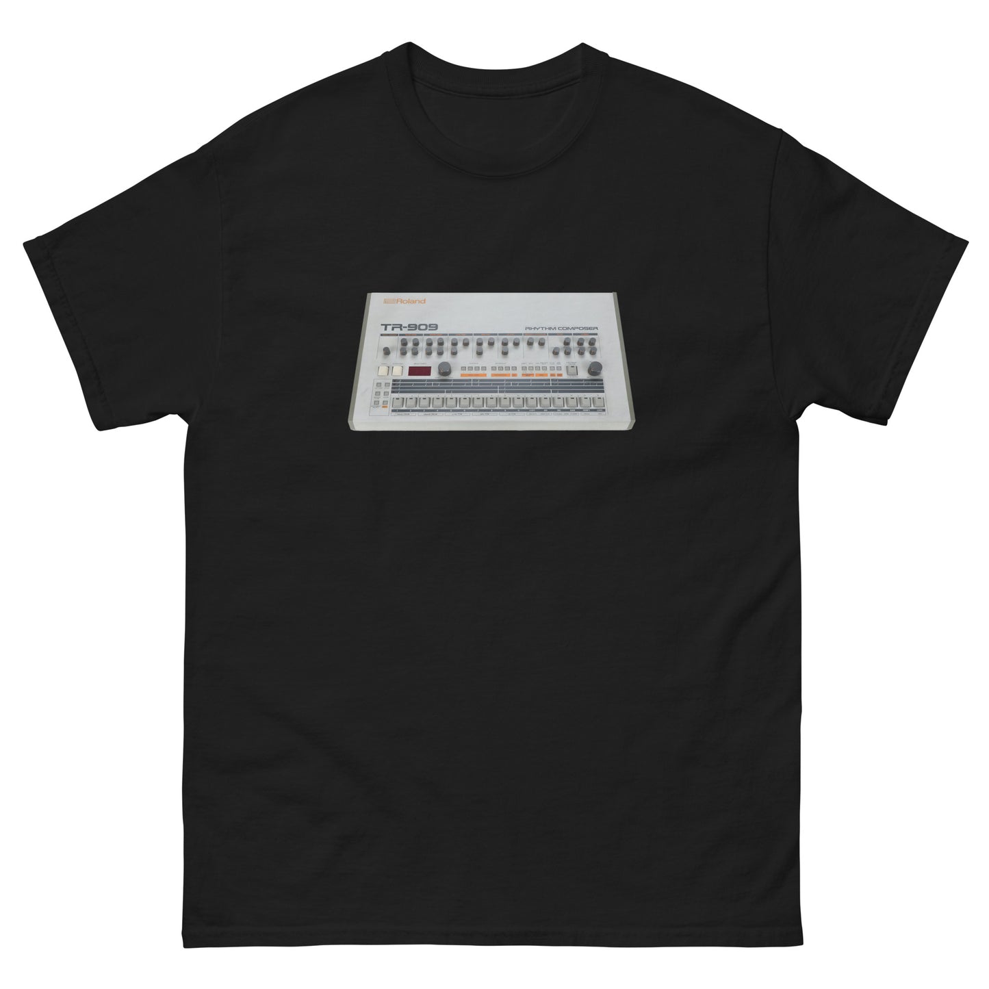 Black t-shirt with a white electronic device graphic on a white background