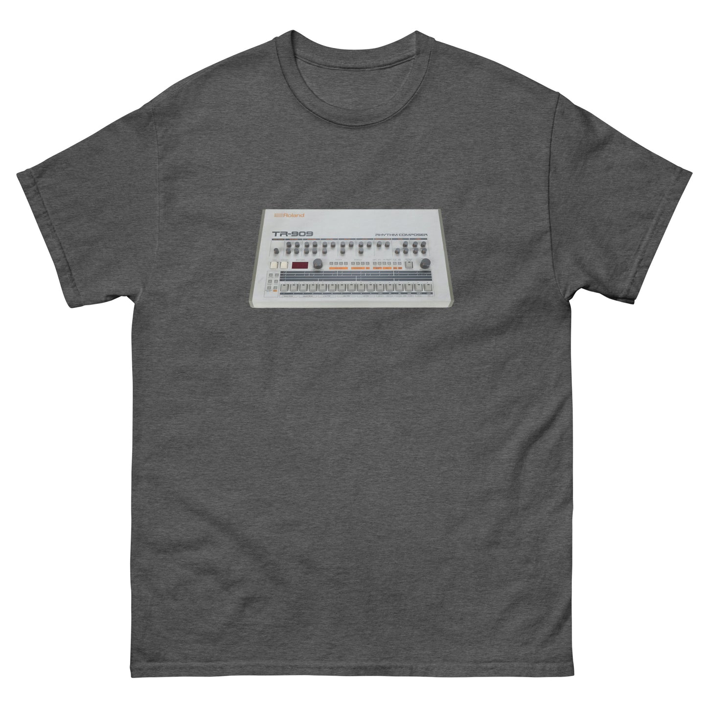 Gray t-shirt with a graphic of an old electronic device on a white background