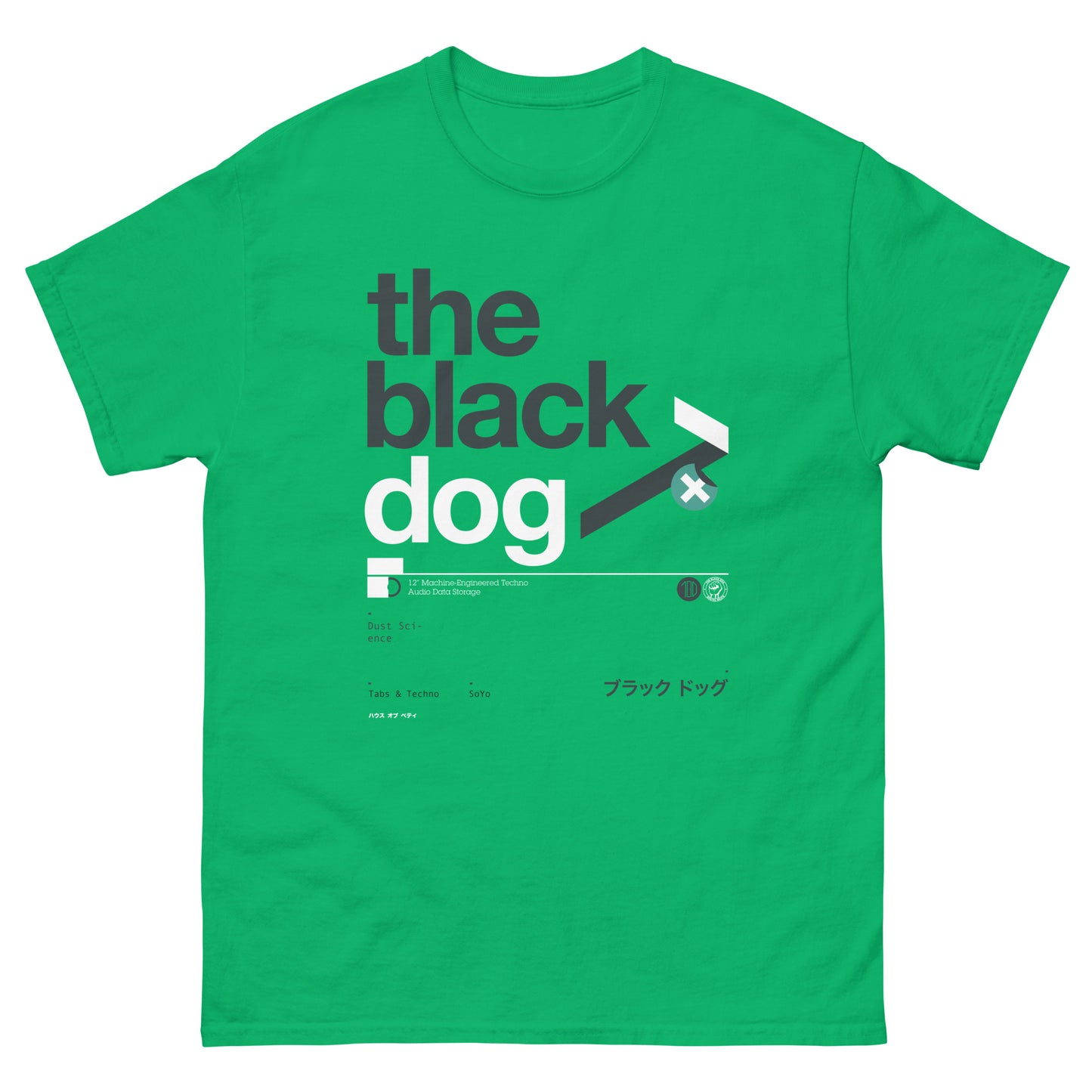 Green t-shirt with 'the black dog' logo on a white background