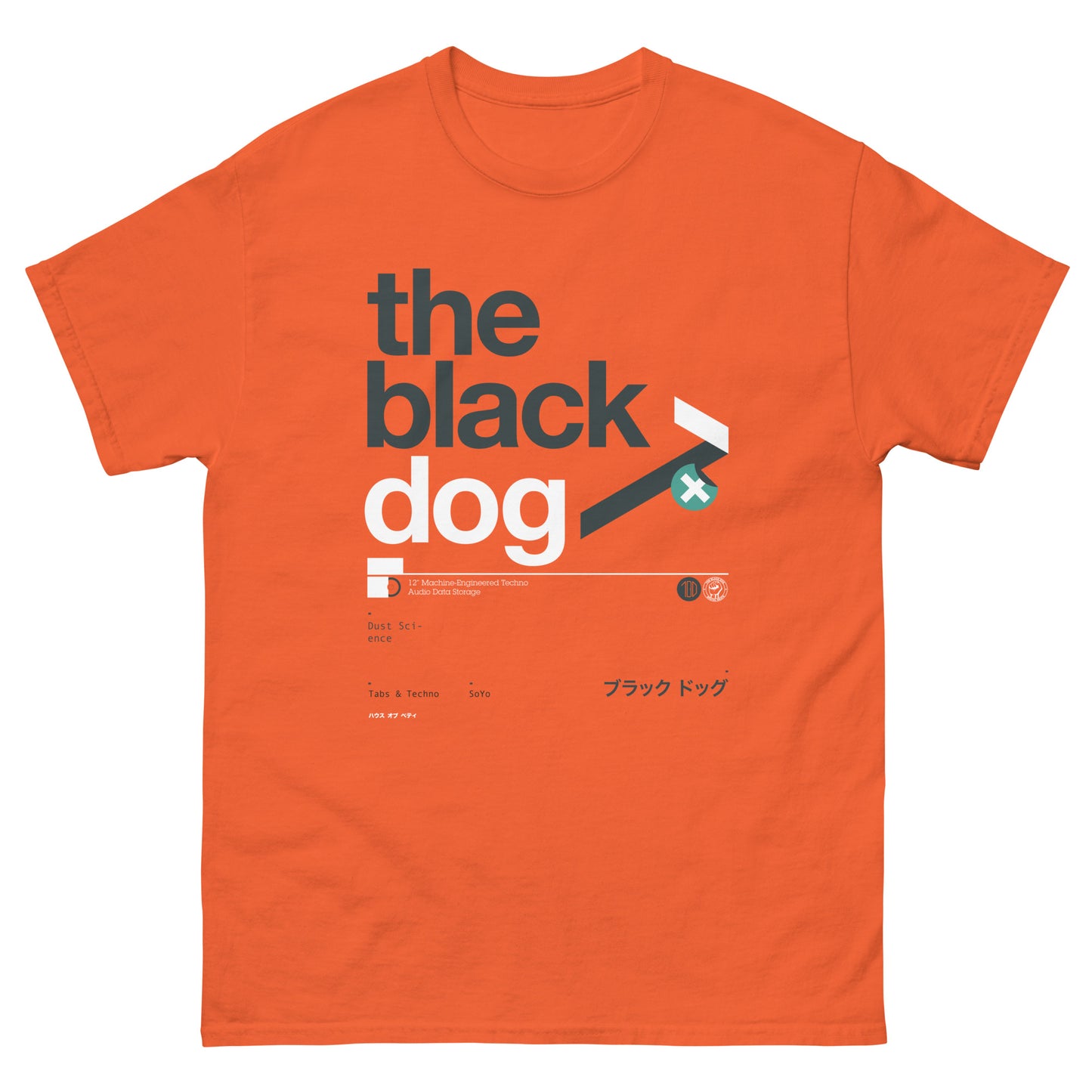 Orange t-shirt with 'the black dog' graphic design on a white background