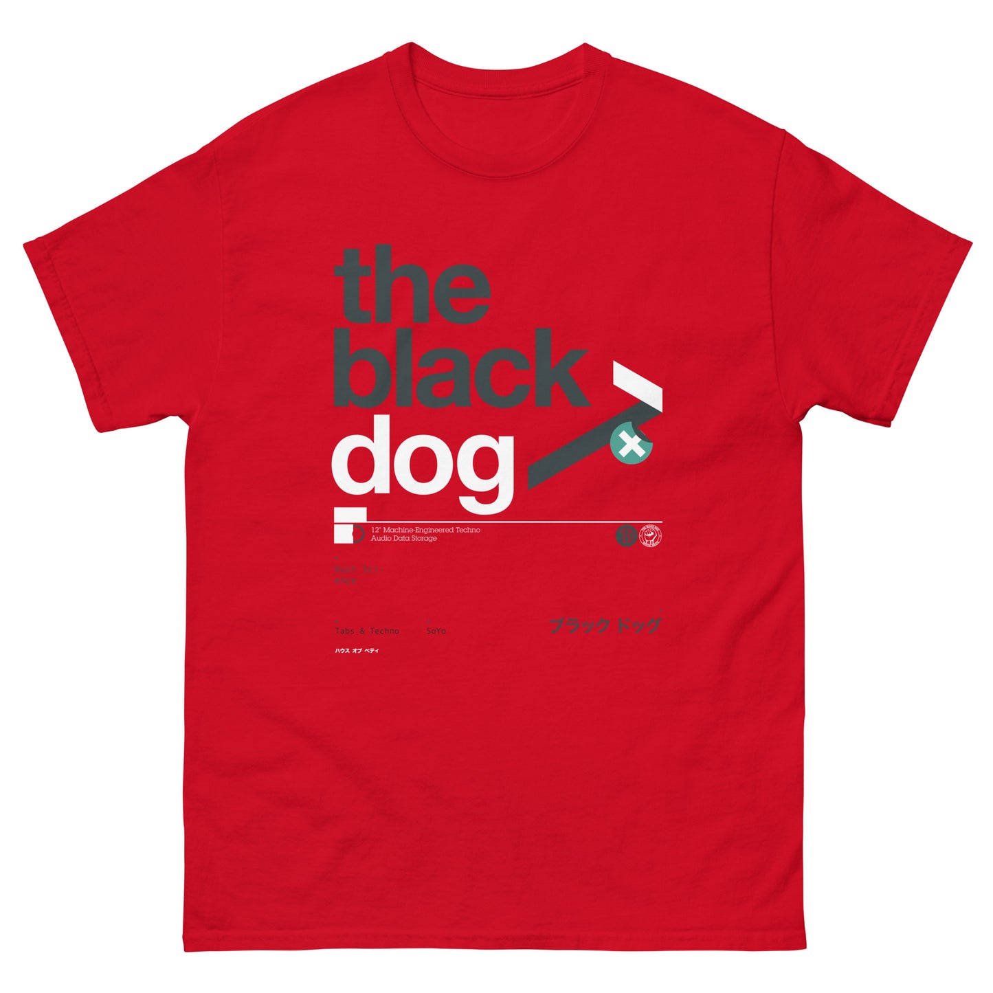 Red t-shirt with 'the black dog' graphic design on a white background