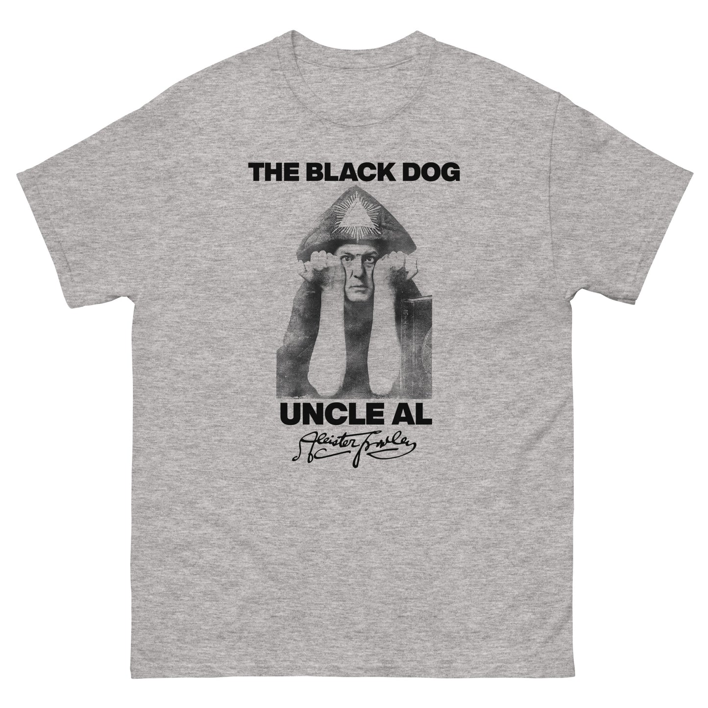 Gray t-shirt with black graphic and text 'The Black Dog Uncle Al' on a white background