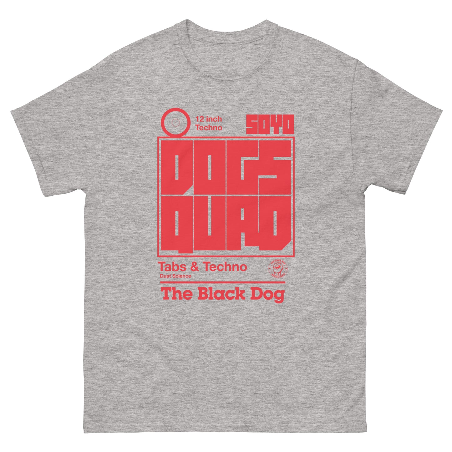 Gray t-shirt with red graphic design on a white background