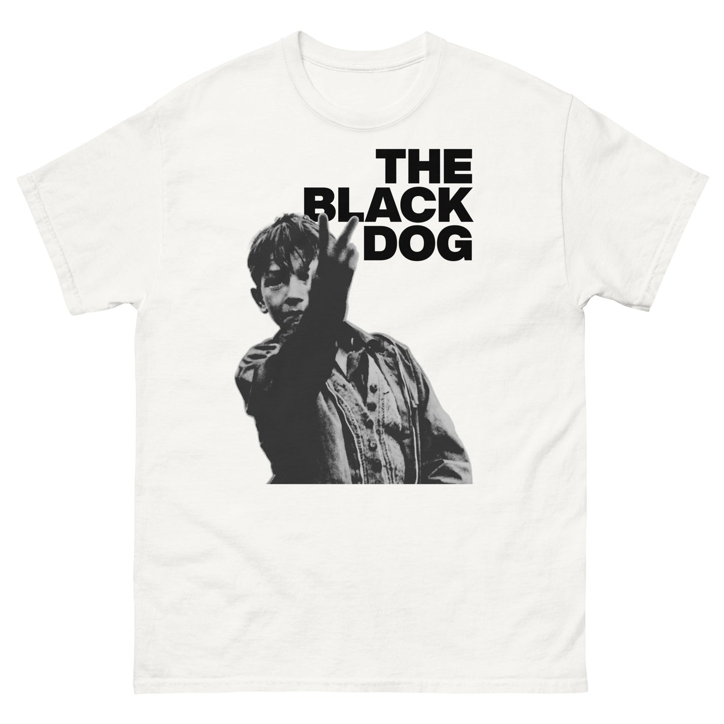 White t-shirt with a graphic of a person and 'The Black Dog' text on a white background