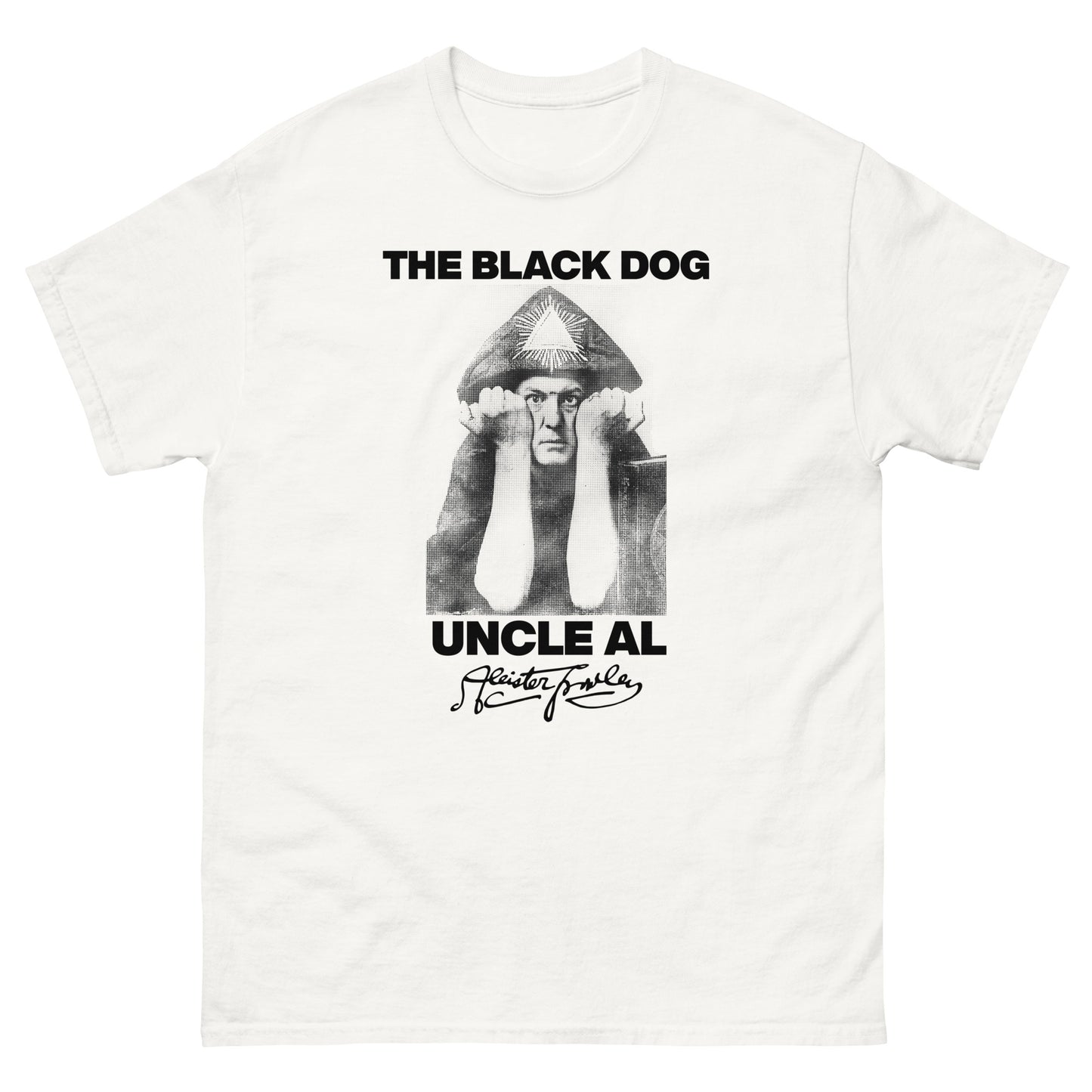 White t-shirt with black and white graphic of 'Uncle Al' and text on a white background
