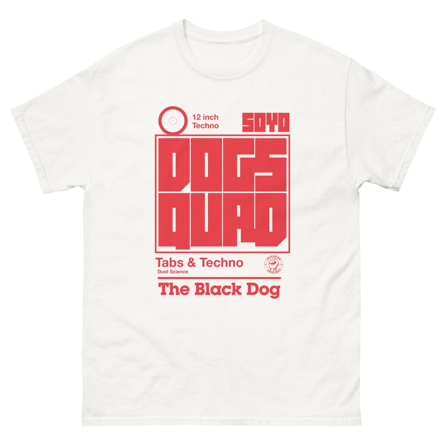 White t-shirt with red graphic design on a white background