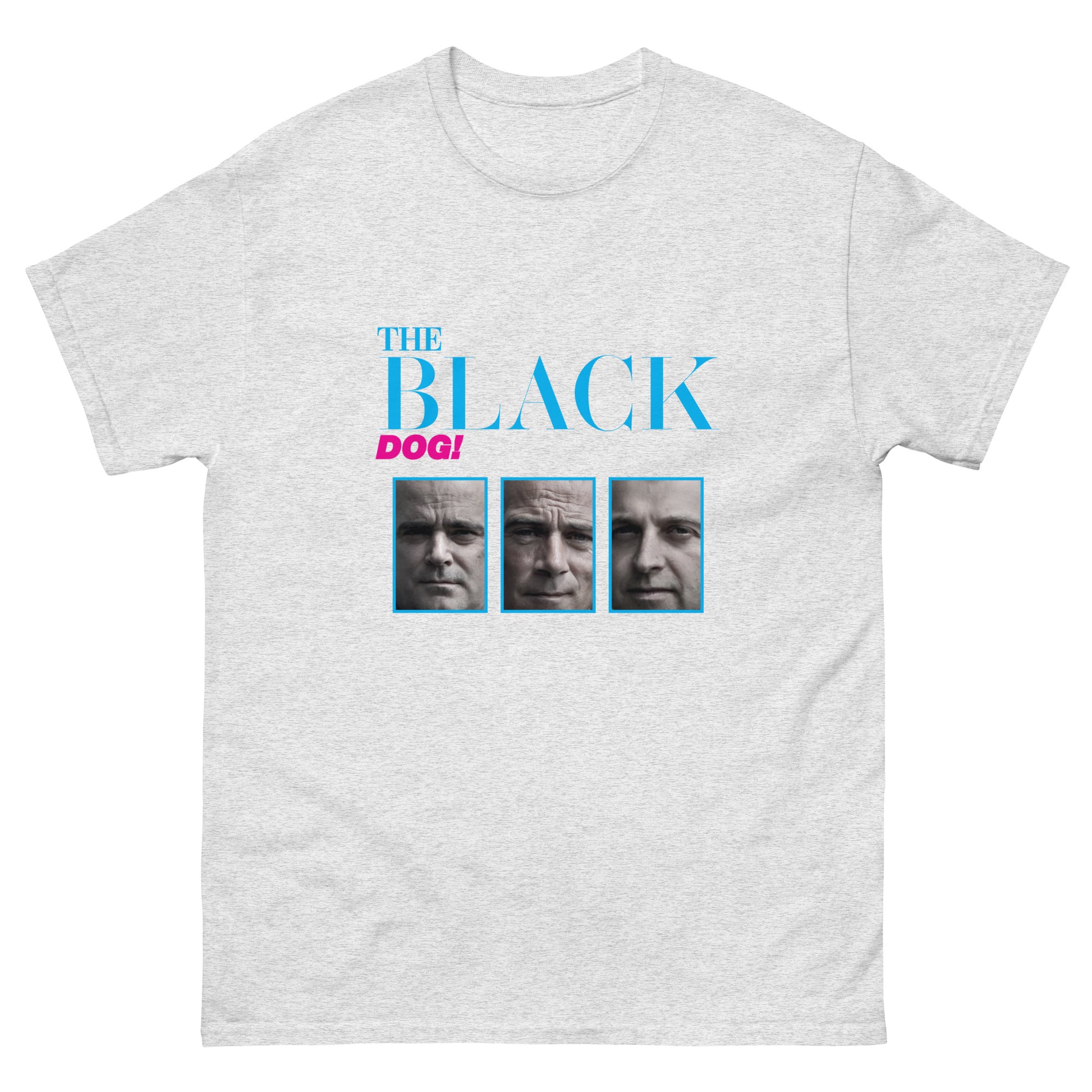 Gray t-shirt with 'The Black Dog' graphic design on a white background