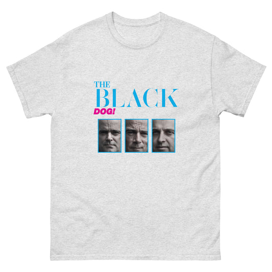 Gray t-shirt with 'The Black Dog' graphic design on a white background