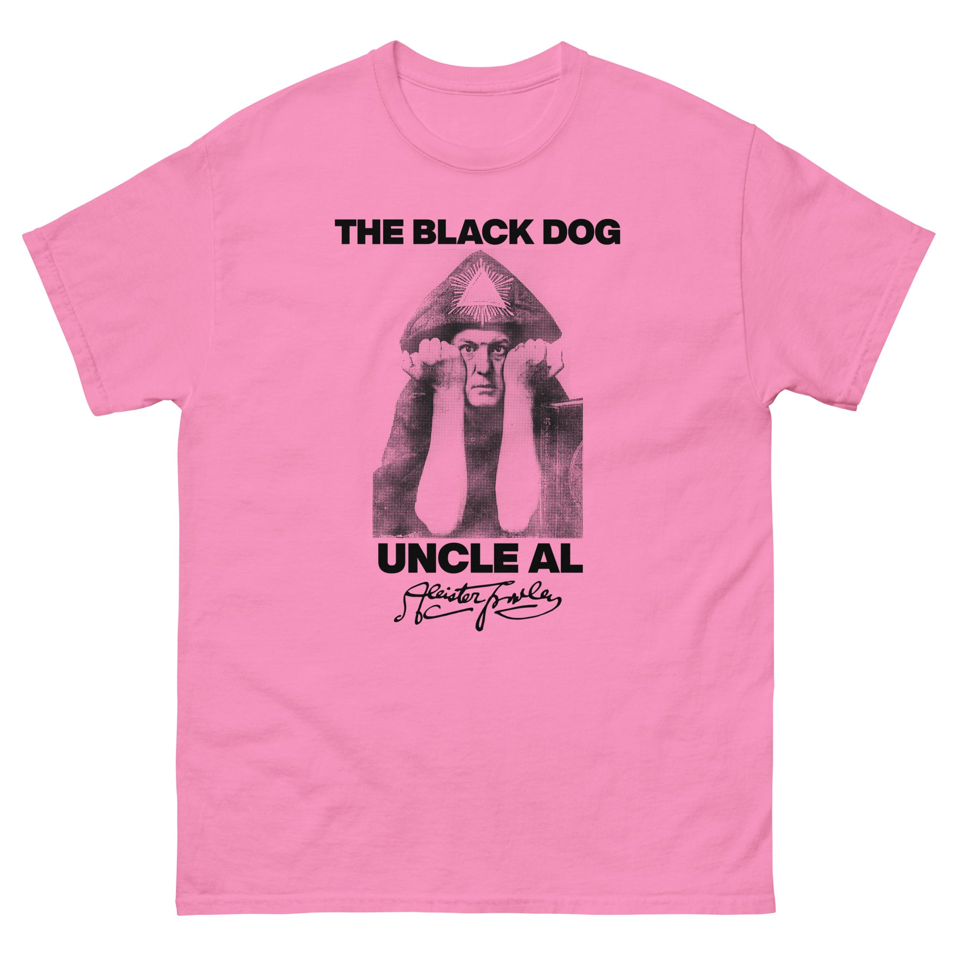Pink t-shirt with black graphic and text 'The Black Dog Uncle Al' on a white background