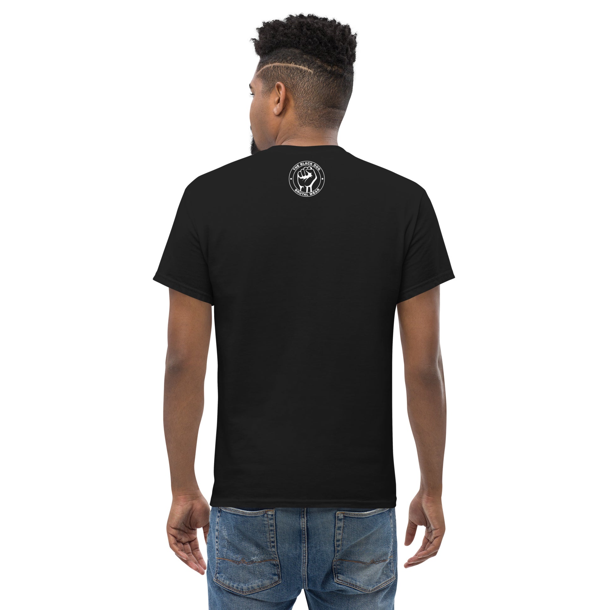 Man wearing a black t-shirt with white Brutal Beats Logo