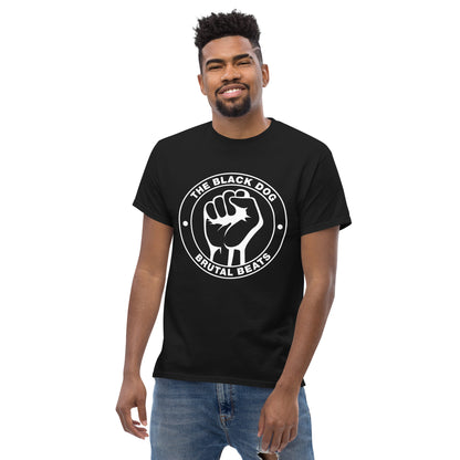 Man wearing a black t-shirt with white Brutal Beats Logo
