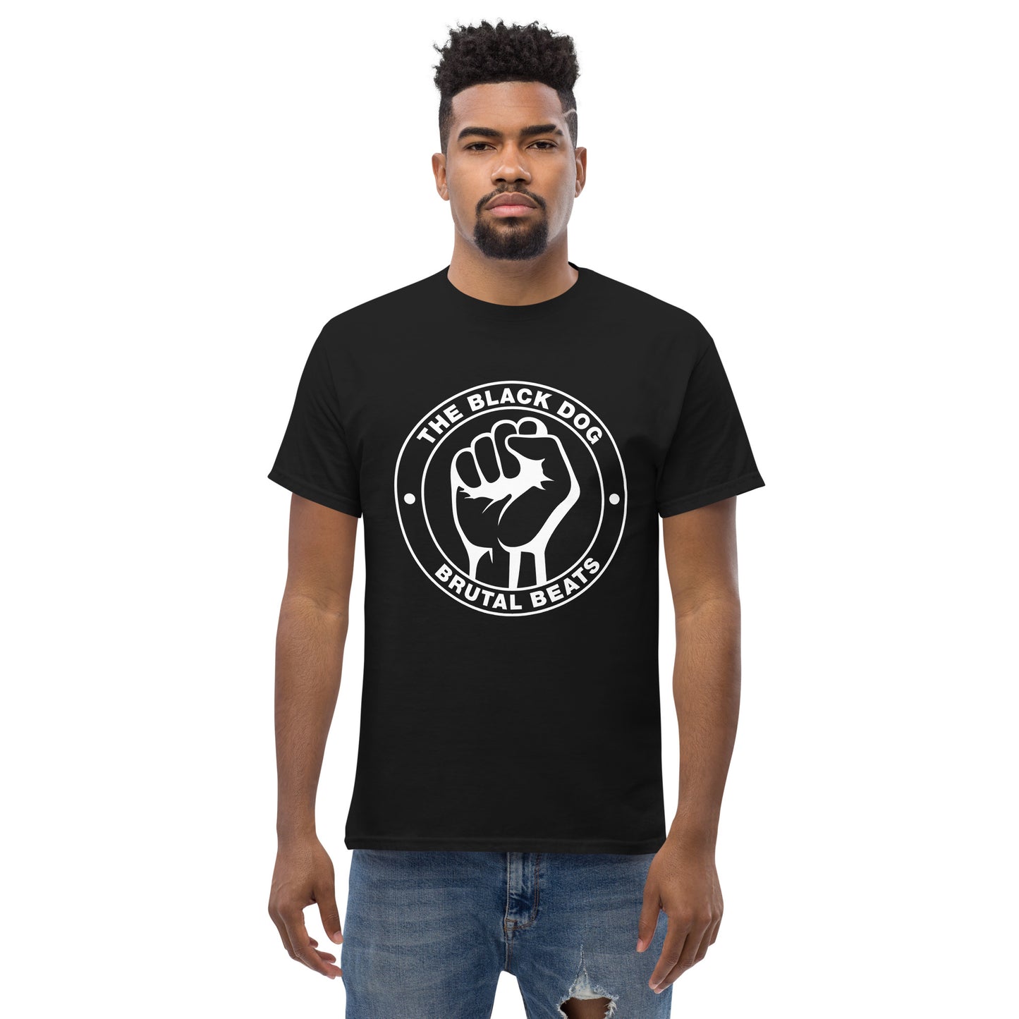 Man wearing a black t-shirt with white Brutal Beats Logo