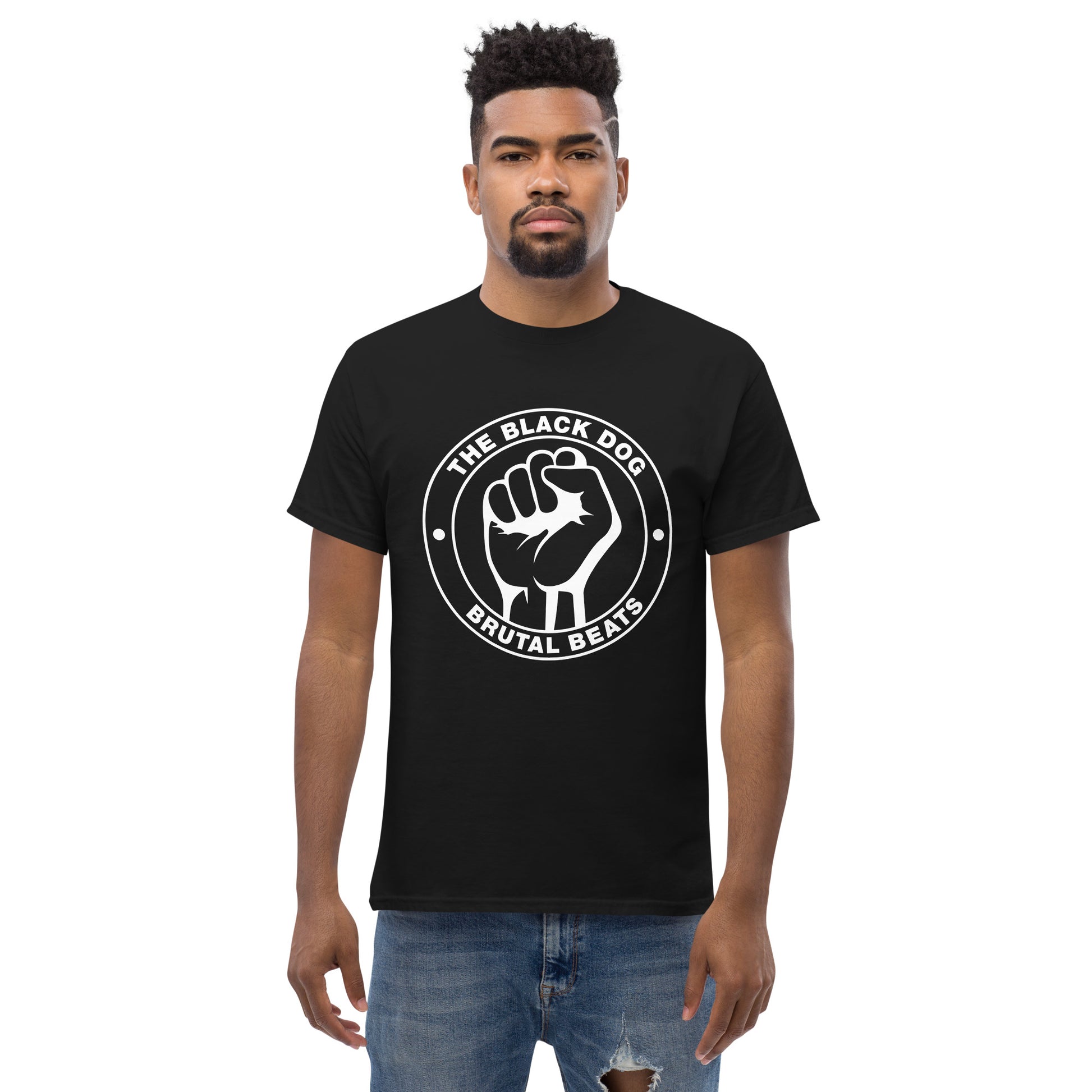 Man wearing a black t-shirt with white Brutal Beats Logo