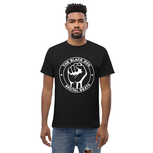 Man wearing a black t-shirt with white Brutal Beats Logo
