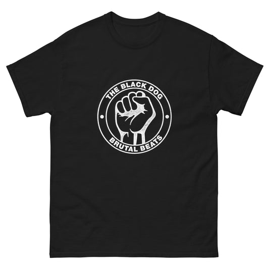 Black t-shirt with white Brutal Beats logo and text on a white background