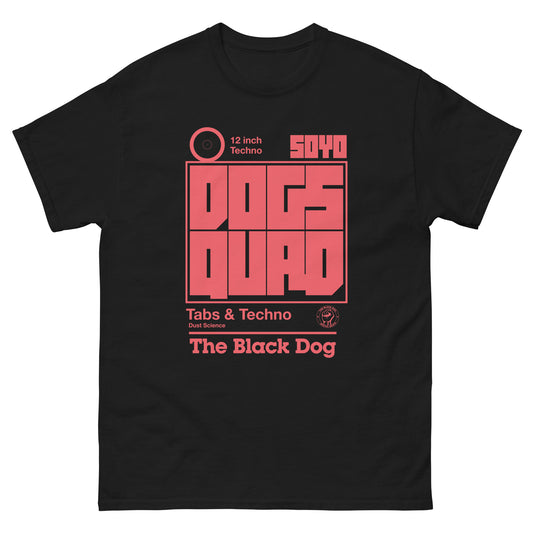 Black t-shirt with red graphic design on a white background