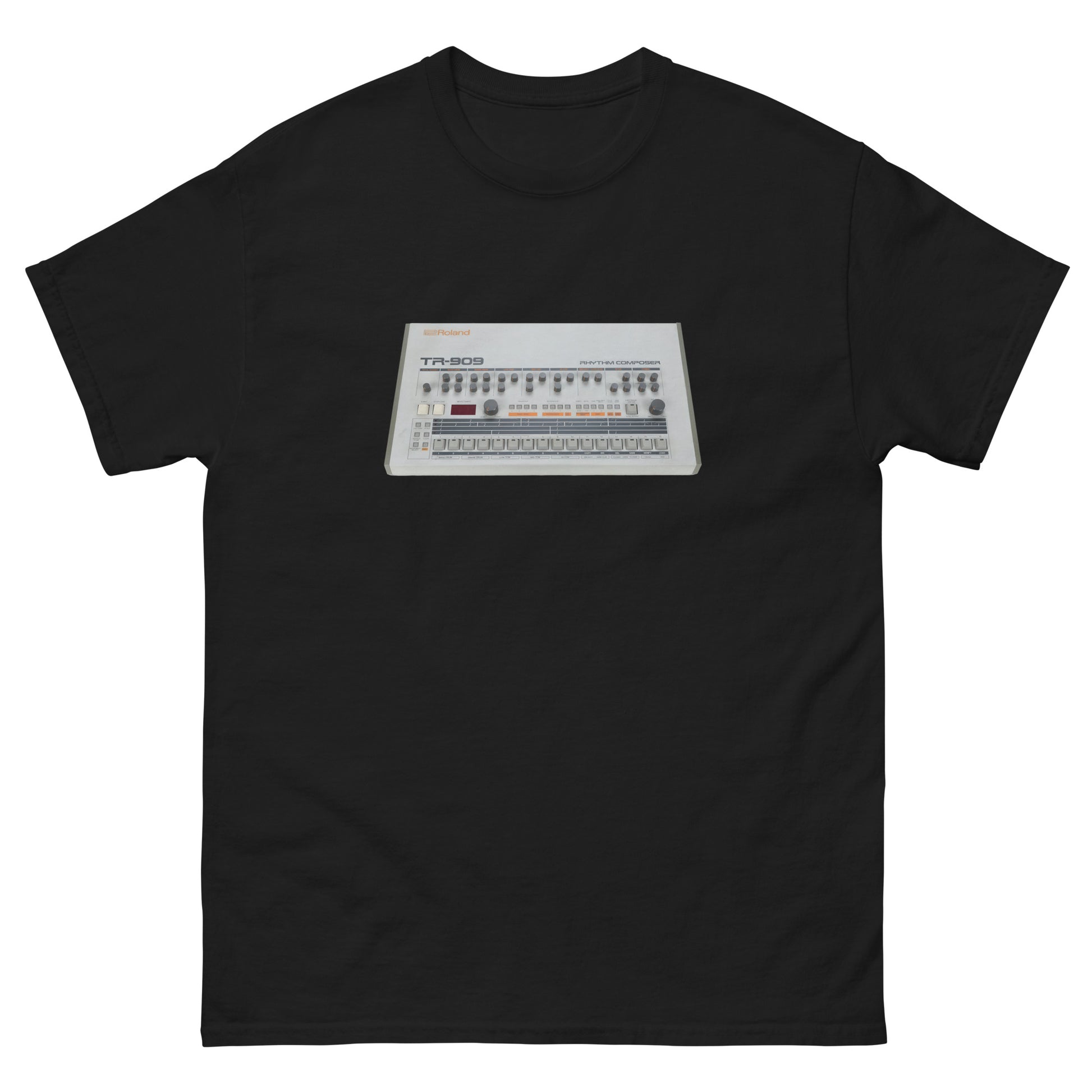Black t-shirt with a white electronic device graphic on a white background
