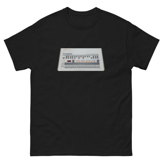 Black t-shirt with a white electronic device graphic on a white background
