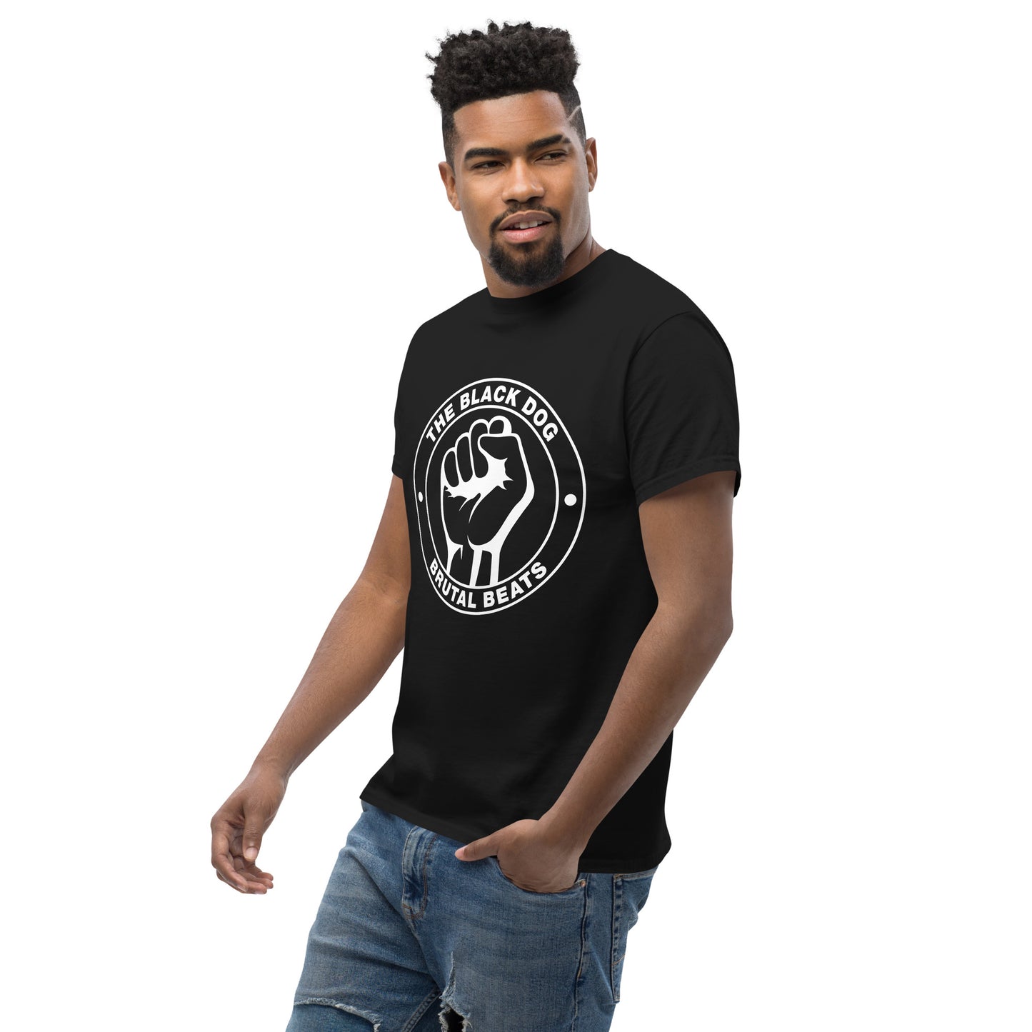 Man wearing a black t-shirt with white Brutal Beats Logo