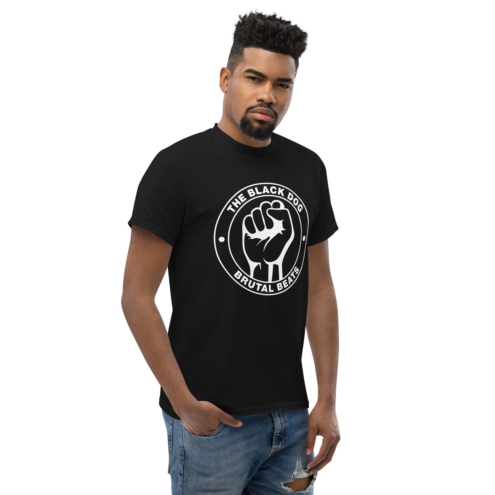 Man wearing a black t-shirt with white Brutal Beats Logo