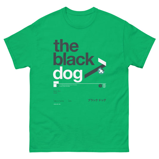 Green t-shirt with 'the black dog' logo on a white background