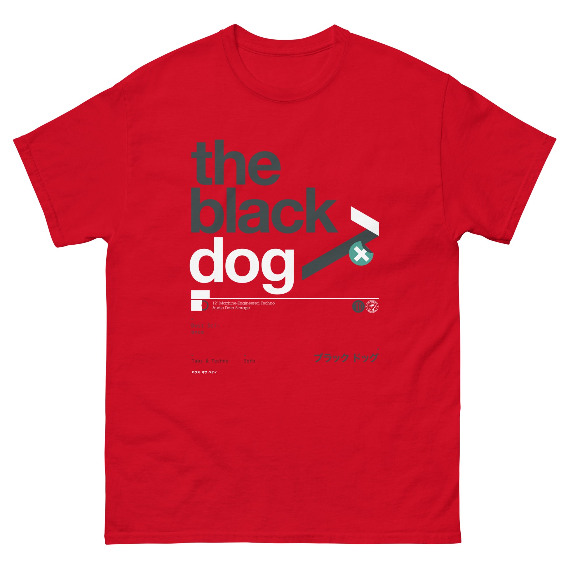 Red t-shirt with 'the black dog' graphic design on a white background