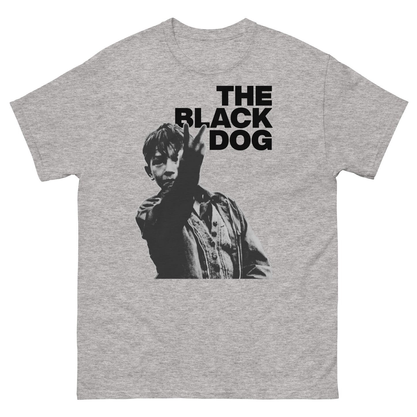 Gray t-shirt with a graphic of a person and 'The Black Dog' text on a white background