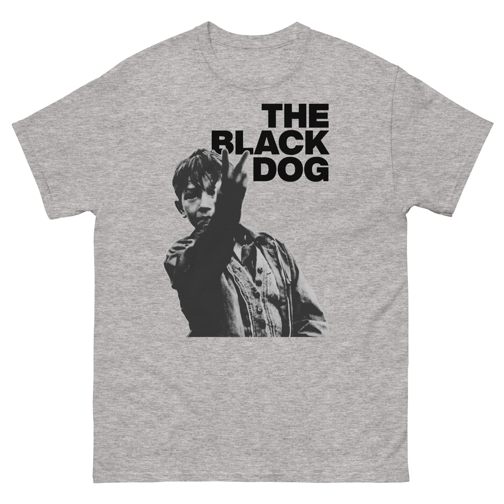 Gray t-shirt with a graphic of a person and 'The Black Dog' text on a white background