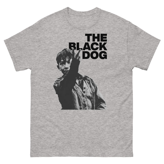 Gray t-shirt with a graphic of a person and 'The Black Dog' text on a white background