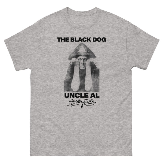 Gray t-shirt with black graphic and text 'The Black Dog Uncle Al' on a white background