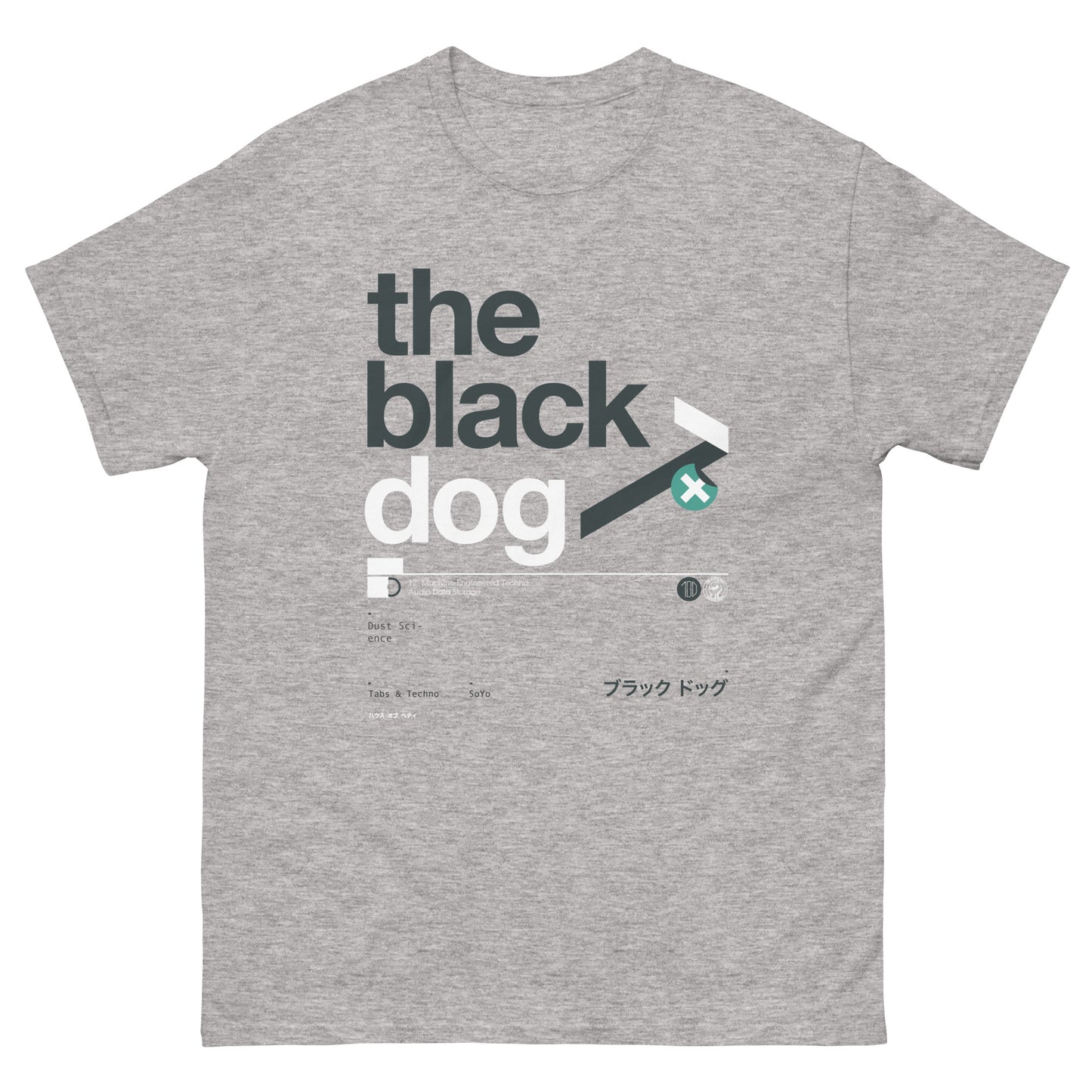 Gray t-shirt with 'the black dog' logo on a white background