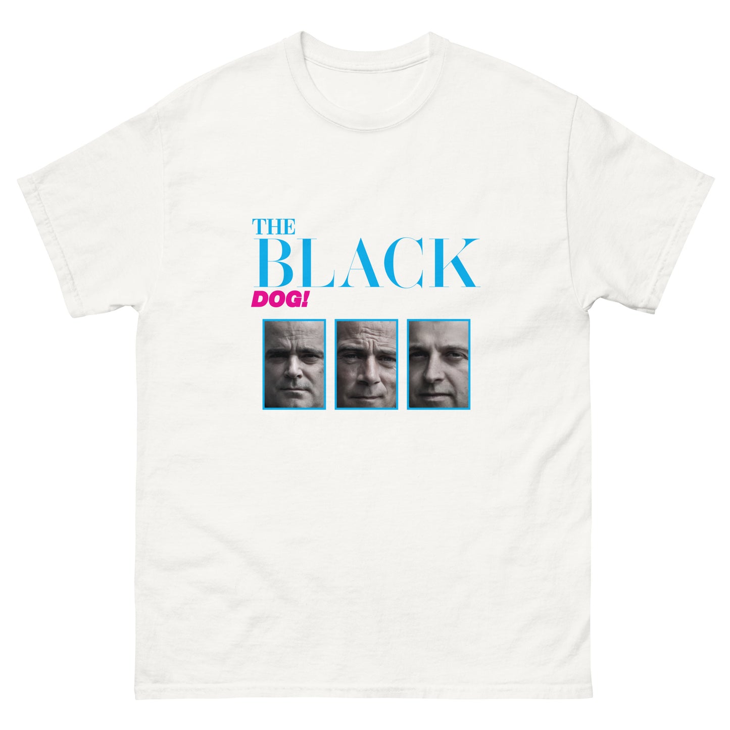 White t-shirt with 'The Black Dog' graphic design on a white background