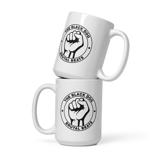 Two white mugs with 'The Black Dog Brutal Beats' logo on a white background